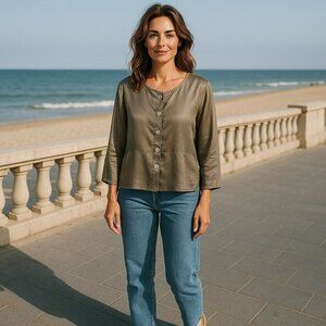 Carol Turner Collection Seafoam Green Crop Long Sleeve Acetate Top Shirt Small